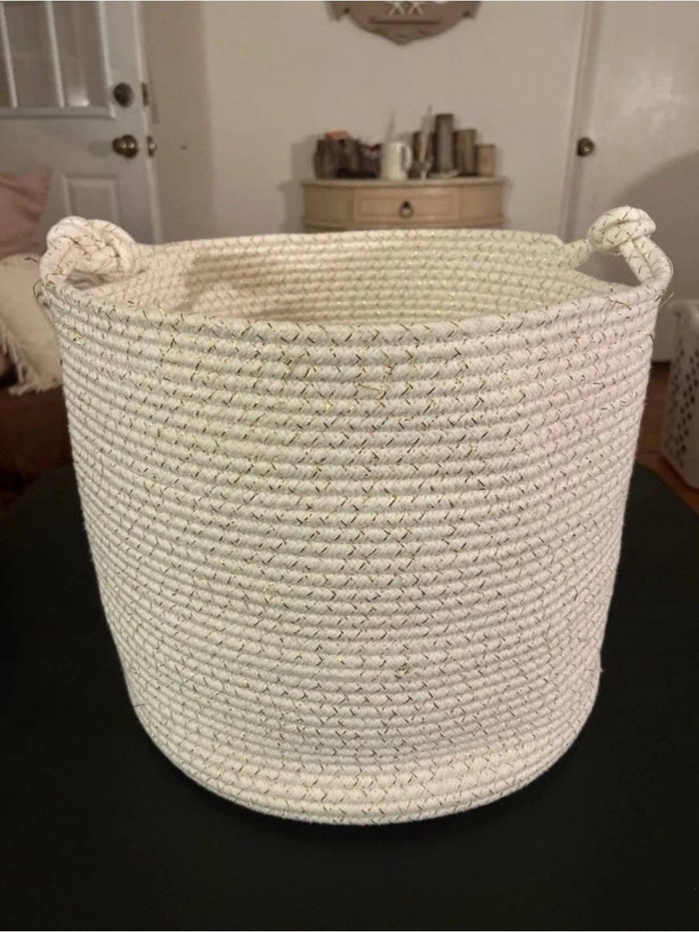 large coiled rope basket storage bin - white with metallic gold 13" tall x 15" a